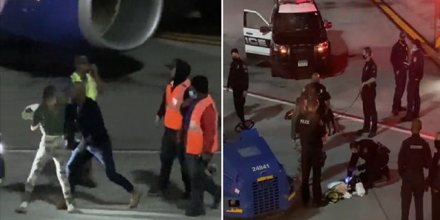 In this split image taken from videos posted on Twitter by Tezlyn Figaro, a woman is seen being detained after making her way down onto the tarmac at Los Angeles International Airport.