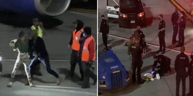 In this split image taken from videos posted on Twitter by Tezlyn Figaro, a woman is seen being detained after making her way down onto the tarmac at Los Angeles International Airport.