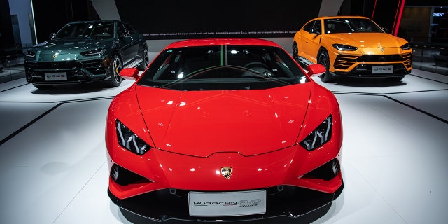 Lamborghini cars on display during the 2021 Guangzhou international automobile exhibition at China Import and Export Fair Complex in Guangzhou, China on Nov. 23, 2021.