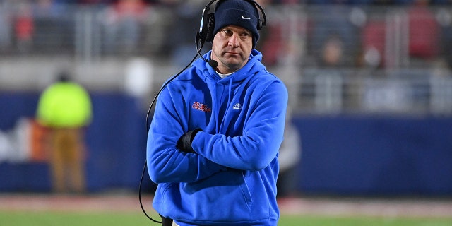 Mississippi head coach Lane Kiffin watches on during the second half of an NCAA college football game against Vanderbilt in Oxford, Miss., Saturday, Nov. 20, 2021. No. 10 Mississippi won 31-17.