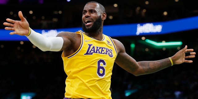 Los Angeles Lakers' LeBron James (6) looks for a call against the Boston Celtics during the second half of an NBA basketball game, Friday, Nov. 19, 2021, in Boston.