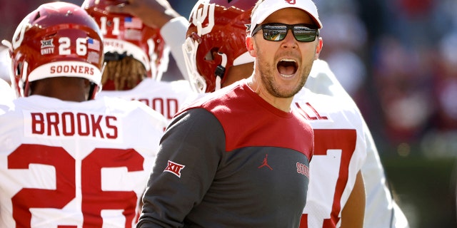 Oklahoma's Lincoln Riley reacts after his Sooners scored a touchdown against the Baylor Bears on Nov. 13, 2021, in Waco, Texas.