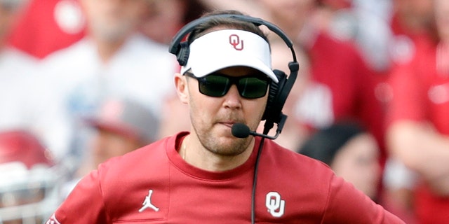 Oklahoma head coach Lincoln Riley watches his team play against Iowa State during the first half Saturday, Nov. 20, 2021, in Norman, Okla.