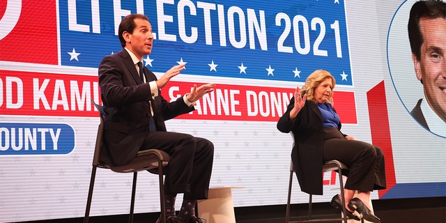 Nassau County district attorney candidates Todd Kaminsky and Anne Donnelly at a Newsday Town Hall in Melville, New York, il ott. 19, 2021. 