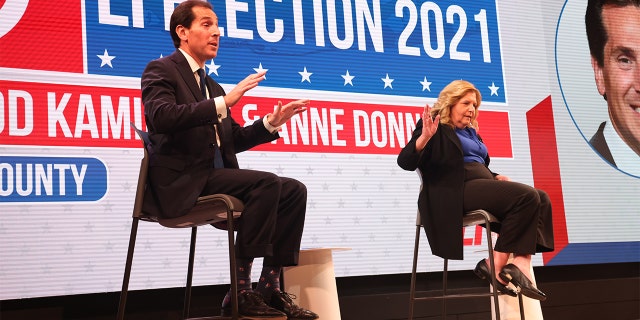 Nassau County district attorney candidates Todd Kaminsky and Anne Donnelly at a Newsday Town Hall in Melville, New York, on Oct. 19, 2021.