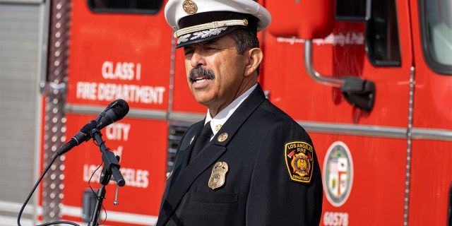 Fire Chief Ralph M. Terrazas speaks during the LAFD Recruit Academy Class 2021-1 Graduation Ceremony at LAFD Valley Recruit Training Academy 81 in Panorama City, Friday, Nov. 19, 2021.