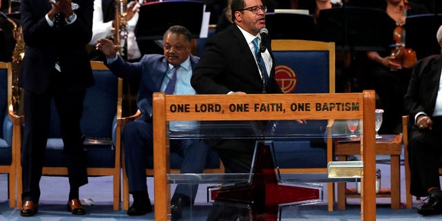 Georgetown University Professor Rev. Michael Eric Dyson speaks at the funeral service for the late singer Aretha Franklin at the Greater Grace Temple in Detroit, Michigan, U.S., August 31, 2018. 