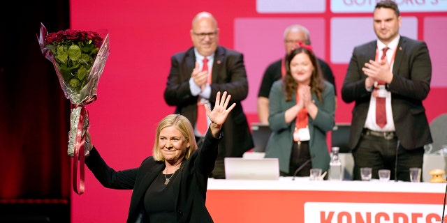 Sweden's Minister of Finance Magdalena Andersson gestures after being elected to party chairman of the Social Democratic Party at the Social Democratic Party congress in Gothenburg, Sweden, on Thursday, Nov. 4, 2021. 