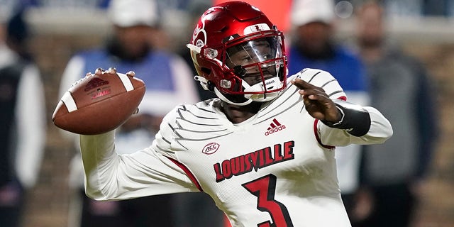 Louisville quarterback Malik Cunningham (3) looks to pass against Duke during the first half of an NCAA college football game in Durham, N.C., Thursday, Nov. 18, 2021.