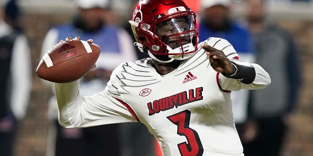 Louisville quarterback Malik Cunningham (3) looks to pass against Duke during the first half of an NCAA college football game in Durham, N.C., Thursday, Nov. 18, 2021.