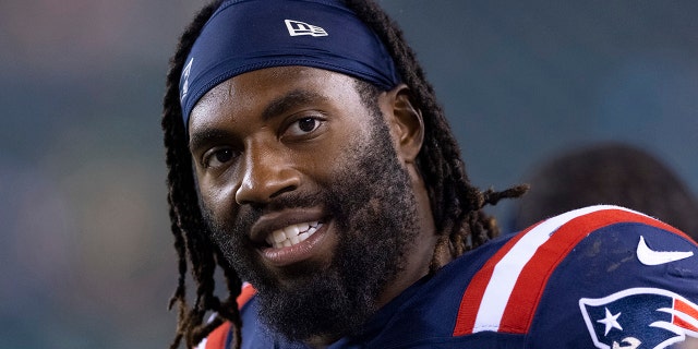 Matt Judon of the New England Patriots looks on against the Philadelphia Eagles in the preseason game at Lincoln Financial Field on Aug. 19, 2021, in Philadelphia, Pennsylvania. The Patriots defeated the Eagles 35-0.