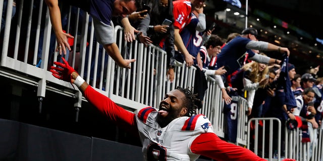 Matthew Judon of the New England Patriots reacts as the Patriots defeat the Falcons 25-0 at Mercedes-Benz Stadium on Nov. 18, 2021, in Atlanta, Georgia.