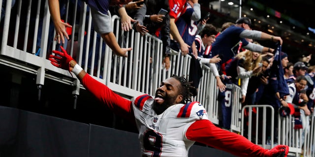 Matt Judon of the New England Patriots reacts as the Patriots defeat the Falcons 25-0 at Mercedes-Benz Stadium on Nov. 18, 2021, in Atlanta, Georgia.