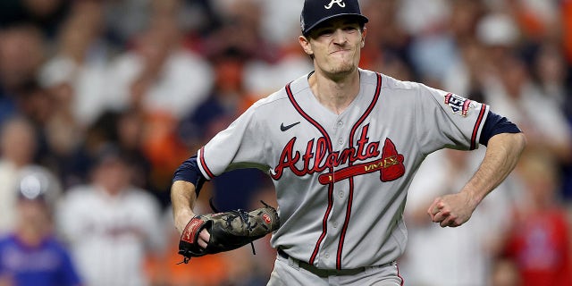 HOUSTON, TEXAS - NOVEMBER 02: Max Fried #54 of the Atlanta Braves celebrates after retiring the side against the Houston Astros during the sixth inning in Game Six of the World Series at Minute Maid Park on November 02, 2021 in Houston, Texas.