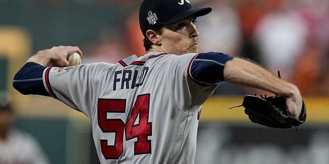 Atlanta Braves starting pitcher Max Fried throws during the first inning in Game 6 of baseball's World Series between the Houston Astros and the Atlanta Braves Tuesday, Nov. 2, 2021, in Houston.