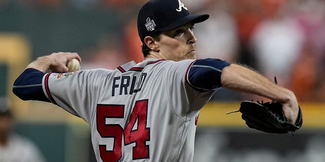 Atlanta Braves starting pitcher Max Fried throws during the first inning in Game 6 of baseball's World Series between the Houston Astros and the Atlanta Braves Tuesday, Nov. 2, 2021, in Houston.