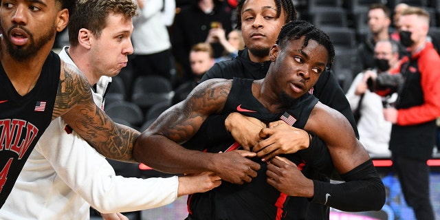 UNLV Rebels guard Michael Nuga after the Nov. 21, 2021, game against the Wichita State Shockers at the T-Mobile Arena in Las Vegas, Nevada.
