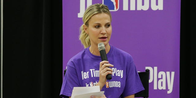 NEWBURY PARK, CA - MARCH 28: ESPN talent Michelle Beadle speaks during a panel for the Her Time To Play basketball clinic hosted by JR.NBA and WNBA with on March 28, 2019 at Mamba Sports Academy in Newbury Park, California.