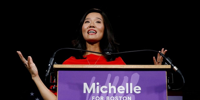 FILE - Michelle Wu speaks to supporters after winning her race for Mayor of Boston to become the first woman and first person of color to be elected to the office, in Boston, Massachusetts, U.S. November 2, 2021. REUTERS/Brian Snyder