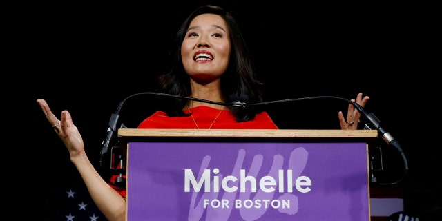 FILE - Michelle Wu speaks to supporters after winning her race for Mayor of Boston to become the first woman and first person of color to be elected to the office, in Boston, Massachusetts, U.S. November 2, 2021. REUTERS/Brian Snyder