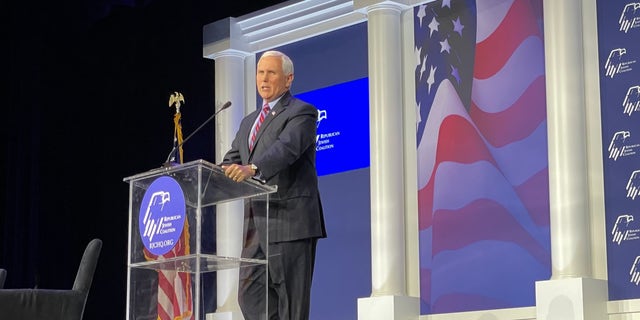 Former Vice President Mike Pence addresses the Republican Jewish Coalition's annual leadership meeting, Nov. 6, 2021, in Las Vegas.
