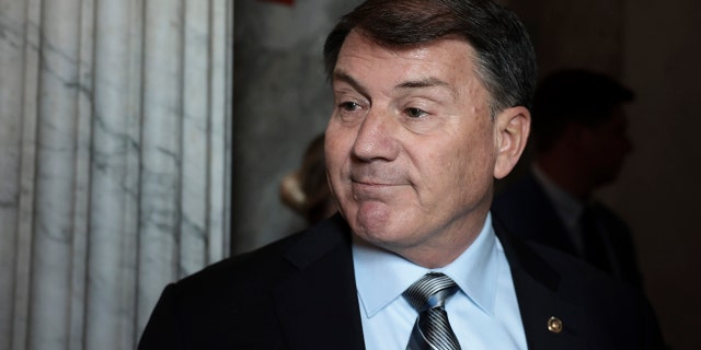 WASHINGTON, DC - OCTOBER 07: Sen. Mike Rounds (R-SD) talks to reporters before attending a lunch with Senate Republicans in the U.S. Capitol Building on October 7, 2021 in Washington, DC. Senate Democrats and Republicans are working on the next steps before a vote on the debt limit after reaching an agreement earlier in the day that will temporarily raise the debt limit until early December.