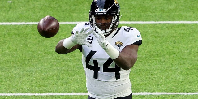 Myles Jack #44 of the Jacksonville Jaguars warms up prior to the game against the Minnesota Vikings at U.S. Bank Stadium on Dec, 6, 2020 in Minneapolis, Minnesota.