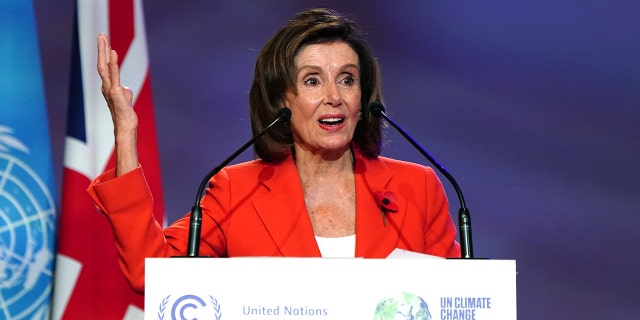 Speaker Nancy Pelosi making a speech at the Cop26 summit at the Scottish Event Campus (SEC) in Glasgow on Nov. 9, 2021.