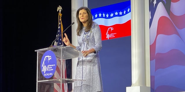 Former GOP Gov. Nikki Haley of South Carolina, who served as U.S. ambassador to the United Nations in the Trump administration, addresses the Republican Jewish Coalition's annual leadership meeting, on Nov. 6, 2021, in Las Vegas.