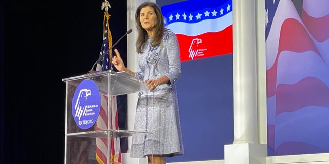 Former GOP Gov. Nikki Haley of South Carolina, who served as U.S. ambassador to the United Nations in the Trump administration, addresses the Republican Jewish Coalition's annual leadership meeting, on Nov. 6, 2021, in Las Vegas.