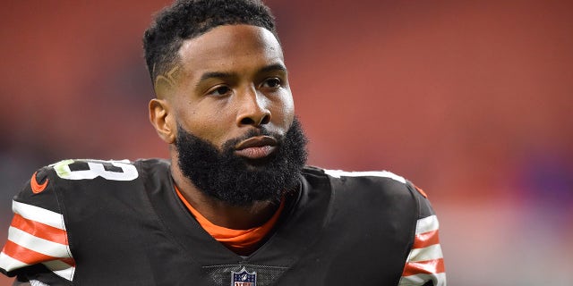 Cleveland Browns wide receiver Odell Beckham Jr. walks off the field after an NFL football game against the Arizona Cardinals, Sunday, Oct. 17, 2021, in Cleveland.