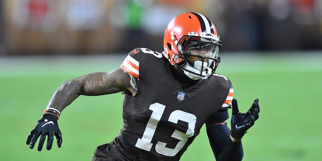 Cleveland Browns wide receiver Odell Beckham Jr. runs a route during the first half of a game against the Denver Broncos Thursday, Oct. 21, 2021, in Cleveland.