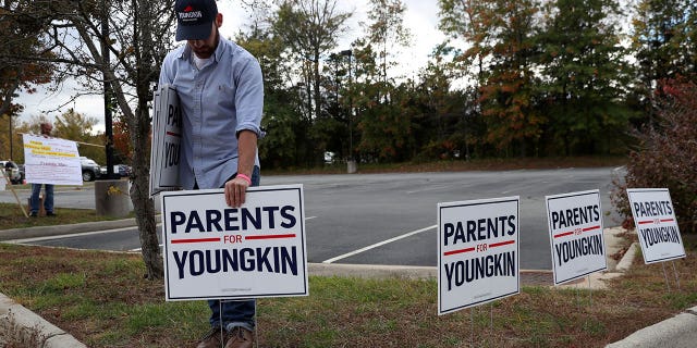 FILE PHOTO: Tristan Thorgersen puts pro-Youngkin signs up as people gather to protest different issues including the board’s handling of a sexual assault that happened in a school bathroom in May, vaccine mandates and critical race theory during a Loudoun County School Board meeting in Ashburn, Virginia, U.S., October 26, 2021. Picture taken October 26, 2021. REUTERS/Leah Millis/File Photo