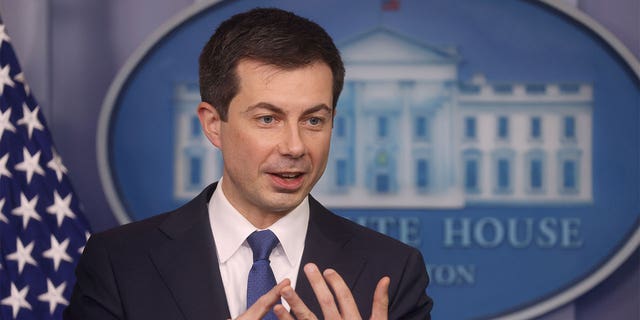 US Secretary of Transportation Pete Buttigieg speaks to the news media during a press briefing at the White House in Washington, US, November 8, 2021. REUTERS/Leah Millis
