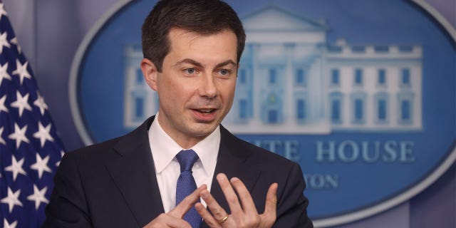 U.S. Secretary of Transportation Pete Buttigieg speaks to the news media during a press briefing at the White House in Washington, U.S., November 8, 2021. 