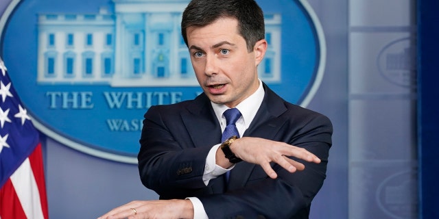 Transportation Secretary Pete Buttigieg speaks during the daily briefing at the White House in Washington, Monday, Nov. 8, 2021.