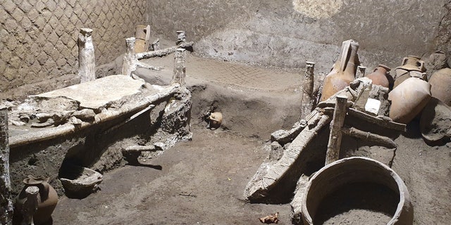 A view of the latest finding in Pompeii, Italy. Archeologists, excavating a villa amid the ruins of the 79 A.D. volcanic eruption, have discovered a room that served as both a dormitory and storage area, which officials said Saturday offered "a very rare insight the daily life of slaves." Italy’s culture minister, Dario Franceschini, said the find was "an important discovery that enriches the knowledge of the daily life of ancient Pompeiians, in particular the level of society still little known."