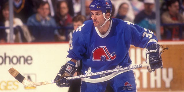 LANDOVER, MD - FEBRUARY 6: Curtis Leschyshyn #32 of the Quebec Nordiques looks on during a hockey game against the Washington Capitals on February 6, 1990 at Captal Centre in Landover, Maryland. The Capitals won 2-0.