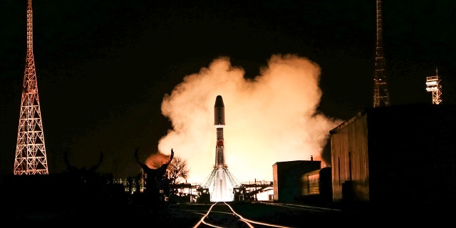 A Soyuz rocket blasts off from the launch pad at Russia's space facility in Baikonur, Kazakhstan, Wednesday, Nov. 24, 2021.
