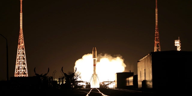 The Soyuz rocket blasts off from the launch pad at Russia's space facility in Baikonur, Kazakhstan, on Wednesday, Nov. 24, 2021. 