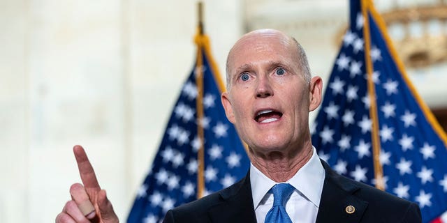 Sen. Rick Scott speaks during a news conference on Capitol Hill on May 26, 2021.