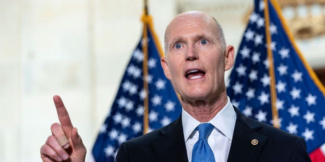 WASHINGTON, DC - MAY 26: U.S. Sen. Rick Scott (R-FL) speaks during a news conference about inflation on Capitol Hill on May 26, 2021, in Washington, DC. The group of Republican senators discussed rising consumer prices and the potential effects of inflation on families and businesses recovering from the pandemic.