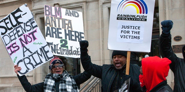 Protests outside Kenosha County Courthouse in response to the Kyle Rittenhouse trial.