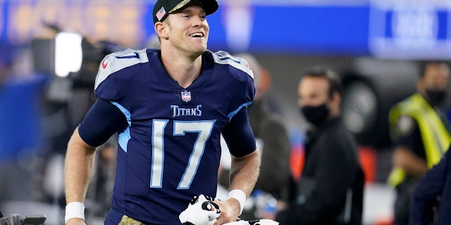 Tennessee Titans quarterback Ryan Tannehill celebrates after the Titans defeated the Los Angeles Rams 28-16 in a game Nov. 7, 2021, in Inglewood, Calif.
