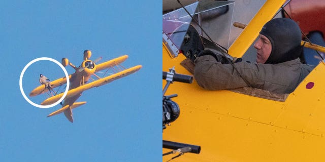 Se ve a Tom Cruise ensayando una de sus acrobacias más peligrosas mientras se cuelga boca abajo en el ala de un avión de guerra mientras hace un bucle a 2000 pies en el aire.