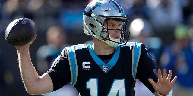 Panthers quarterback Sam Darnold passes against the New England Patriots, Nov. 7, 2021, in Charlotte, North Carolina.