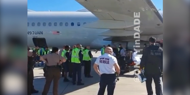 Law enforcement officers met an American Airlines flight in Miami after a man was found in the landing gear of the plane.