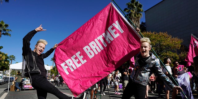 Twins Edward, right, and John Grimes of Dublin, Ireland, hold a ‘Free Britney’ flag outside a hearing concerning the pop singer's conservatorship at the Stanley Mosk Courthouse, Friday, Nov. 12, 2021, in Los Angeles.