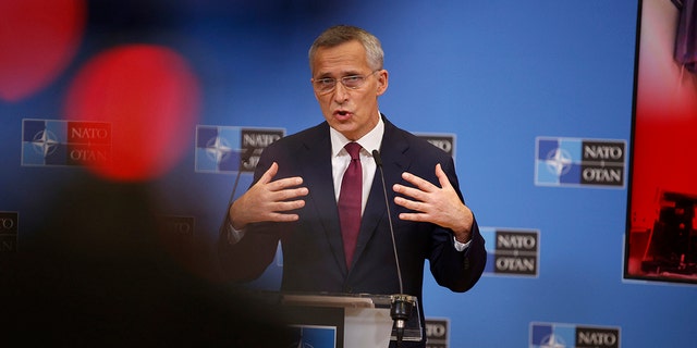 NATO Secretary General Jens Stoltenberg speaks to the press ahead of a meeting of NATO Foreign Affairs Ministers to be held on Nov. 30-Dec.1, at the NATO headquarters, in Brussels, Belgium, Friday, Nov. 26, 2021. 