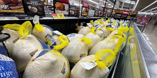 Turkeys are displayed for sale at a Jewel-Osco grocery store ahead of Thanksgiving, in Chicago, Illinois, U.S. November 18, 2021.